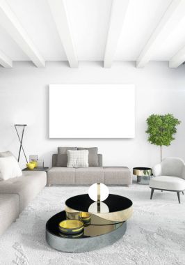 Dikey modern iç yatak odası veya oturma odası eklektik duvar ve boş çerçeve çizim boşaltmak için. 3D render