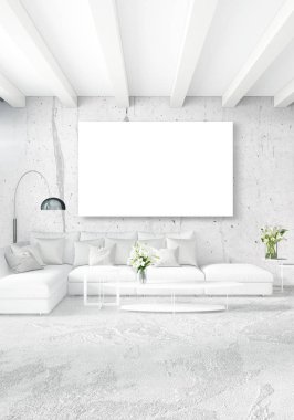 Dikey modern iç yatak odası veya oturma odası eklektik duvar ve boş çerçeve çizim boşaltmak için. 3D render