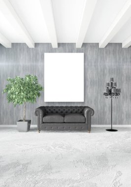 Dikey modern iç yatak odası veya oturma odası eklektik duvar ve boş çerçeve çizim boşaltmak için. 3D render