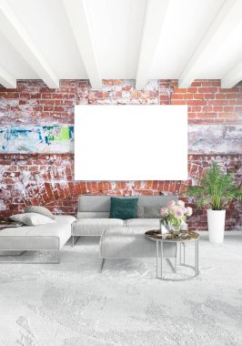 Dikey modern iç yatak odası veya oturma odası eklektik duvar ve boş çerçeve çizim boşaltmak için. 3D render