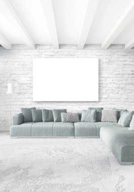 Dikey modern iç yatak odası veya oturma odası eklektik duvar ve boş çerçeve çizim boşaltmak için. 3D render