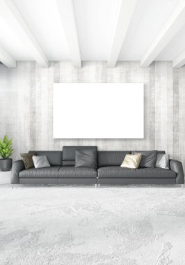 Dikey modern iç yatak odası veya oturma odası eklektik duvar ve boş çerçeve çizim boşaltmak için. 3D render