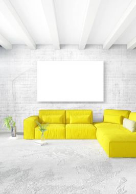 Dikey modern iç yatak odası veya oturma odası eklektik duvar ve boş çerçeve çizim boşaltmak için. 3D render