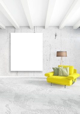 Dikey modern iç yatak odası veya oturma odası eklektik duvar ve boş çerçeve çizim boşaltmak için. 3D render