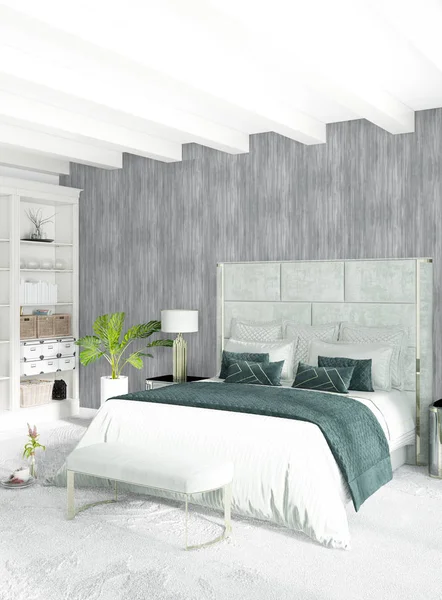 Modern çatı iç yatak odası veya oturma odası alanı ile eklektik duvar ile. 3D render.