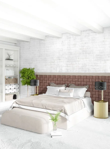 Moderne loft interieur slaapkamer of woonkamer met eclectische muur met ruimte. 3D-rendering. — Stockfoto