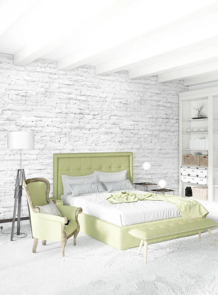 Modern çatı iç yatak odası veya oturma odası alanı ile eklektik duvar ile. 3D render.