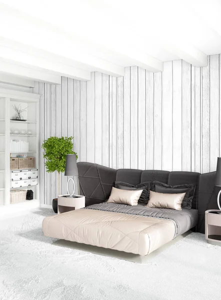 Modern çatı iç yatak odası veya oturma odası alanı ile eklektik duvar ile. 3D render.