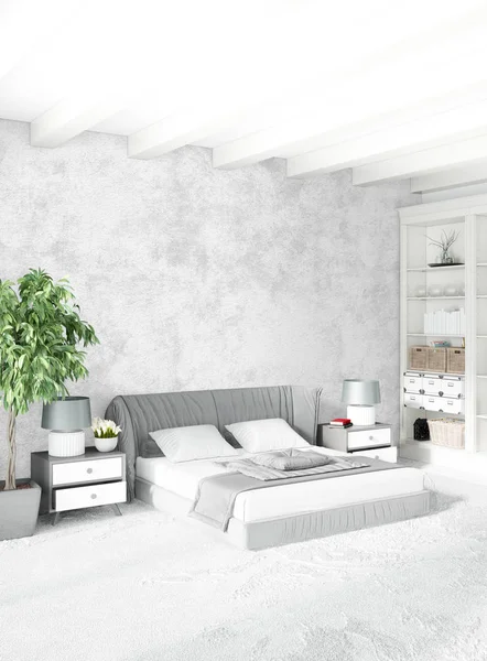 Modern çatı iç yatak odası veya oturma odası alanı ile eklektik duvar ile. 3D render.