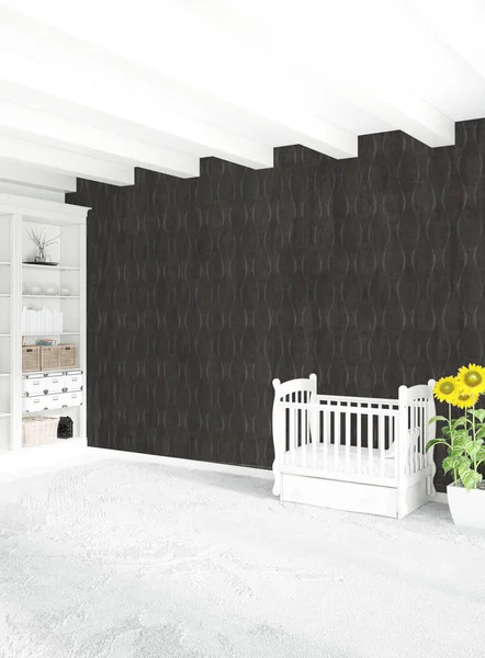 Modern çatı iç bebek odası veya kreş alanı ile eklektik duvar ile. 3D render.