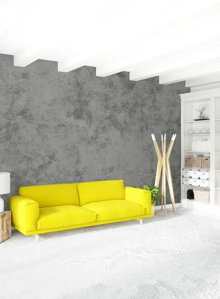 Modern çatı iç yatak odası veya oturma odası alanı ile eklektik duvar ile. 3D render.