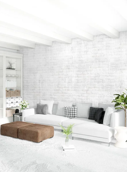 Loft nowoczesne wnętrza sypialni lub pokoju dziennego z eklektyczną ściany z miejsca. renderowania 3D. — Zdjęcie stockowe