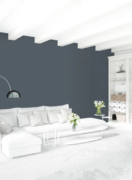 Moderno soppalco camera da letto interna o soggiorno con parete eclettica con spazio. Rendering 3D . — Foto Stock