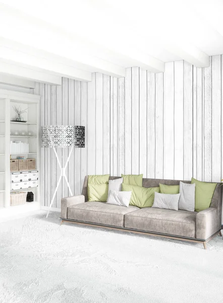 Modern çatı iç yatak odası veya oturma odası alanı ile eklektik duvar ile. 3D render.