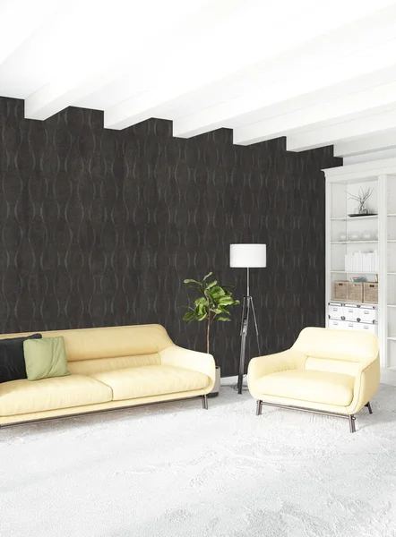 Modern çatı iç yatak odası veya oturma odası alanı ile eklektik duvar ile. 3D render.