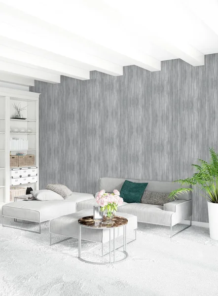 Modern çatı iç yatak odası veya oturma odası alanı ile eklektik duvar ile. 3D render.