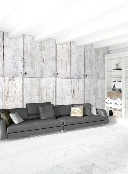 Modern çatı iç yatak odası veya oturma odası alanı ile eklektik duvar ile. 3D render.