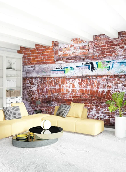 Modern çatı iç yatak odası veya oturma odası alanı ile eklektik duvar ile. 3D render.