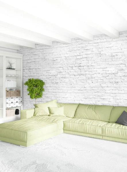 Modern çatı iç yatak odası veya oturma odası alanı ile eklektik duvar ile. 3D render.