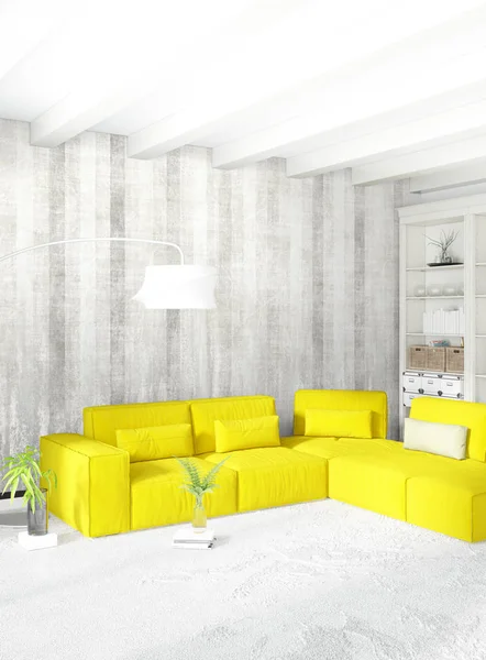 Moderne Loft-Interieur Schlafzimmer oder Wohnzimmer mit eklektischer Wand mit Platz. 3D-Darstellung. — Stockfoto