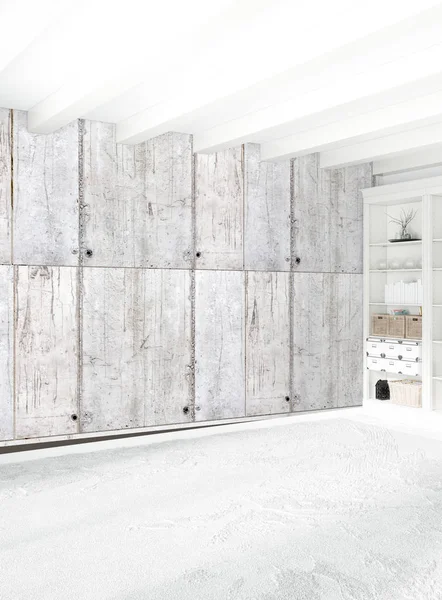 Modern çatı iç yatak odası veya oturma odası alanı ile eklektik duvar ile. 3D render.