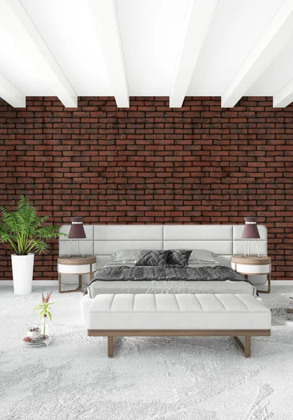 Modern çatı iç yatak odası veya oturma odası alanı ile eklektik duvar ile. 3D render.