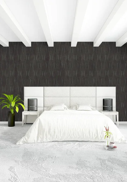 Modern çatı iç yatak odası veya oturma odası alanı ile eklektik duvar ile. 3D render.