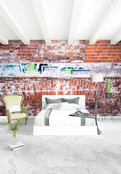 Modern çatı iç yatak odası veya oturma odası alanı ile eklektik duvar ile. 3D render.