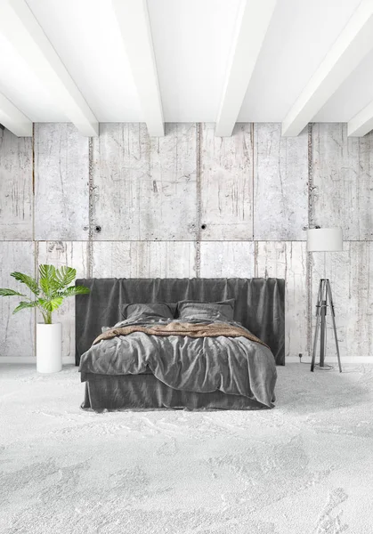 Modern çatı iç yatak odası veya oturma odası alanı ile eklektik duvar ile. 3D render.