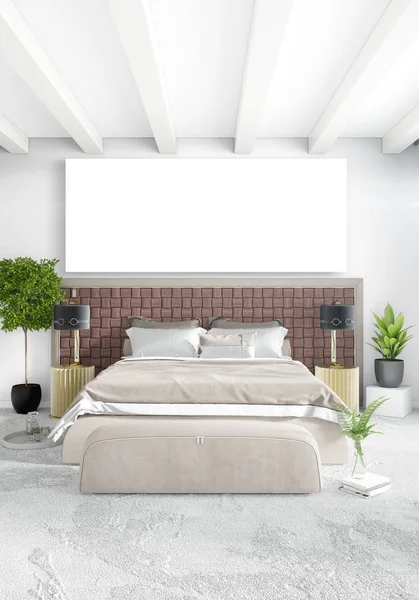 Quarto interior moderno vertical ou sala de estar com parede eclética e moldura vazia para desenho de copyspace. Renderização 3D — Fotografia de Stock