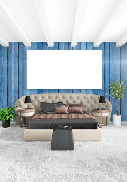 Függőleges modern belső hálószoba vagy nappali eklektikus fal és üres keret, a rajz copyspace. 3D-leképezés — Stock Fotó