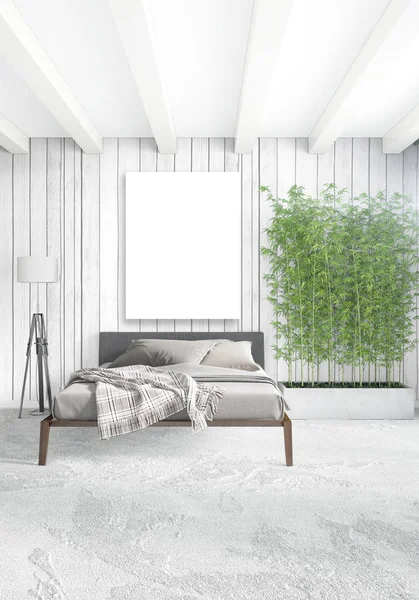 Dikey modern iç yatak odası veya oturma odası eklektik duvar ve boş çerçeve çizim boşaltmak için. 3D render