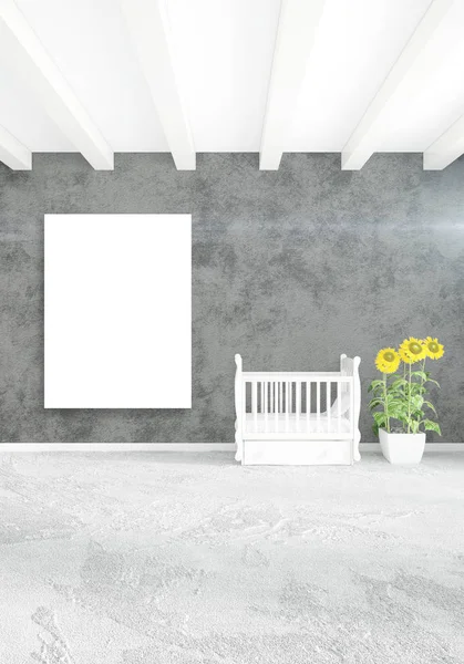 Dikey modern iç yatak odası veya oturma odası eklektik duvar ve boş çerçeve çizim boşaltmak için. 3D render