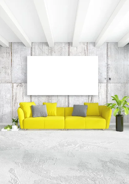 Dikey modern iç yatak odası veya oturma odası eklektik duvar ve boş çerçeve çizim boşaltmak için. 3D render