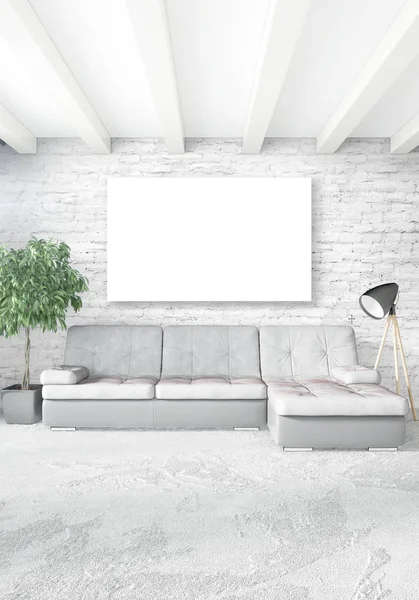 Dikey modern iç yatak odası veya oturma odası eklektik duvar ve boş çerçeve çizim boşaltmak için. 3D render