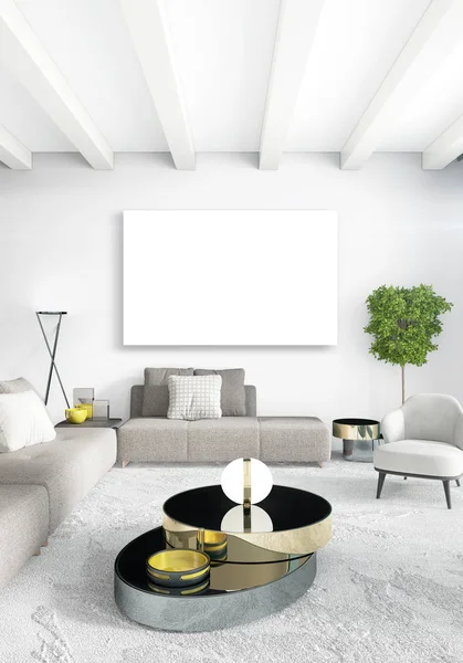 Dikey modern iç yatak odası veya oturma odası eklektik duvar ve boş çerçeve çizim boşaltmak için. 3D render