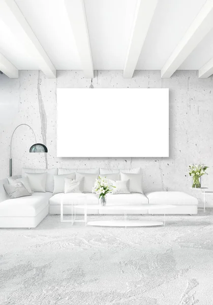 Dikey modern iç yatak odası veya oturma odası eklektik duvar ve boş çerçeve çizim boşaltmak için. 3D render