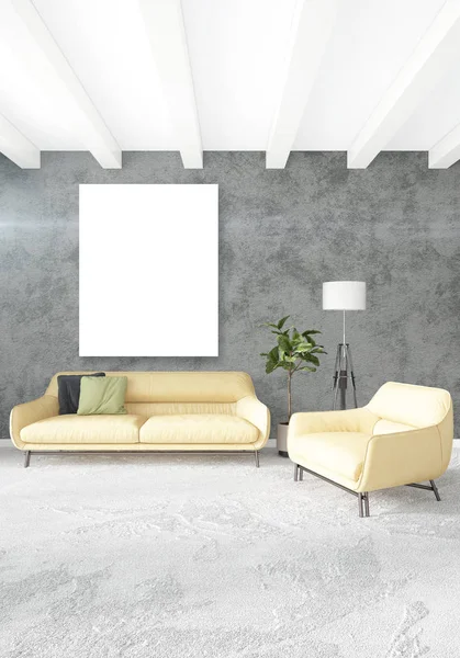 Vertikal modern interior kamar tidur atau ruang tamu dengan dinding eklektik dan bingkai kosong untuk gambar copyspace. Perender 3D — Stok Foto