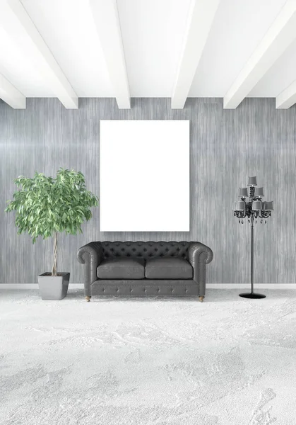 Dikey modern iç yatak odası veya oturma odası eklektik duvar ve boş çerçeve çizim boşaltmak için. 3D render