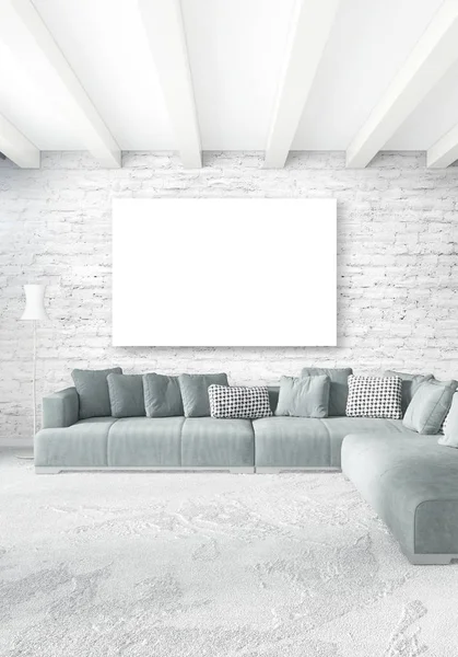 Dikey modern iç yatak odası veya oturma odası eklektik duvar ve boş çerçeve çizim boşaltmak için. 3D render