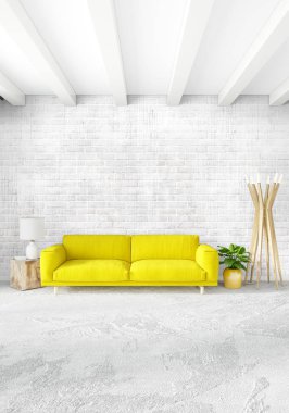 Modern çatı iç yatak odası veya oturma odası alanı ile eklektik duvar ile. 3D render.