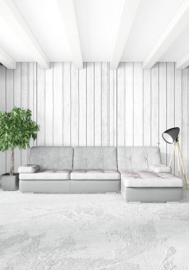 Modern çatı iç yatak odası veya oturma odası alanı ile eklektik duvar ile. 3D render.