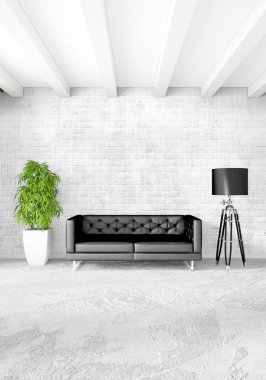 Modern çatı iç yatak odası veya oturma odası alanı ile eklektik duvar ile. 3D render.