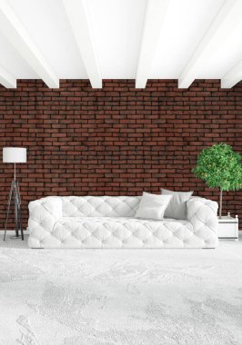 Modern çatı iç yatak odası veya oturma odası alanı ile eklektik duvar ile. 3D render.