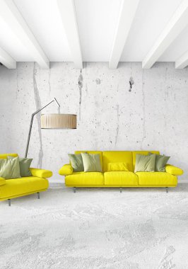 Modern çatı iç yatak odası veya oturma odası alanı ile eklektik duvar ile. 3D render.