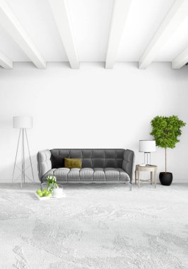 Modern çatı iç yatak odası veya oturma odası alanı ile eklektik duvar ile. 3D render.