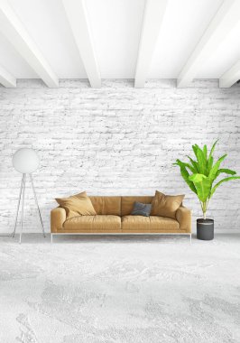 Modern çatı iç yatak odası veya oturma odası alanı ile eklektik duvar ile. 3D render.