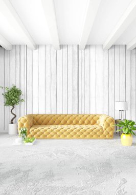 Modern çatı iç yatak odası veya oturma odası alanı ile eklektik duvar ile. 3D render.