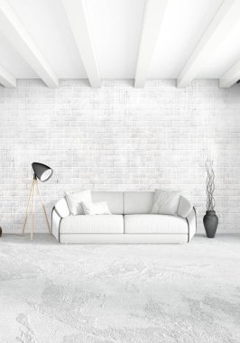 Modern çatı iç yatak odası veya oturma odası alanı ile eklektik duvar ile. 3D render.