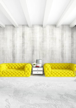 Modern çatı iç yatak odası veya oturma odası alanı ile eklektik duvar ile. 3D render.